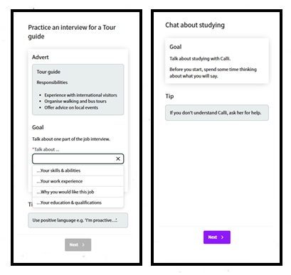 Screenshot of activity pages in the speaking companion