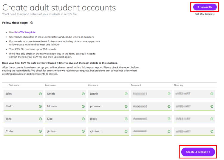 Screenshot showing the 'Create adult student accounts' window, where the '+Upload file' and the 'Create number of accounts' buttons are highlighted.png