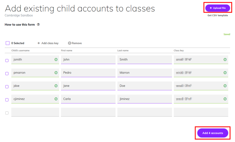 Screenshot showing the 'Add existing child accounts to classes' window, where the '+ Upload file' and 'Add number of accounts' buttons are highlighted.png