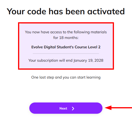 Screenshot showing the confirmation message and at the bottom the next button is highligted