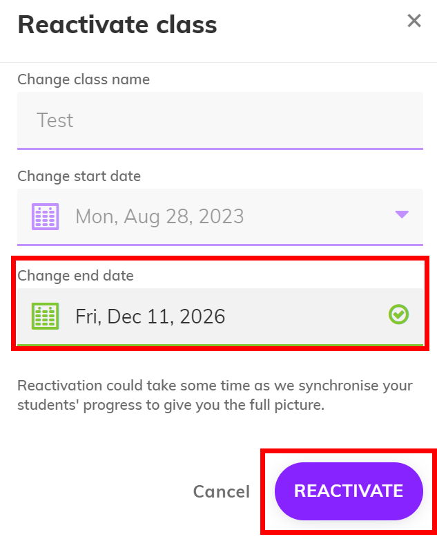 Screenshot of class details highlighting 'Change end date' and the 'REACTIVATE' button